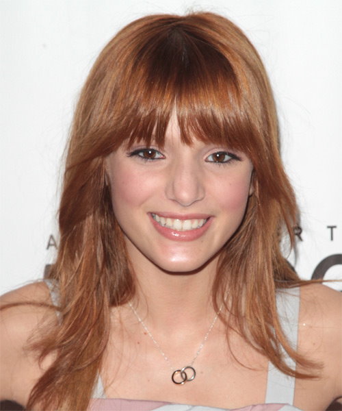 Bella Thorne Long Straight Casual Hairstyle with Blunt Cut Bangs - Orange Hair Color