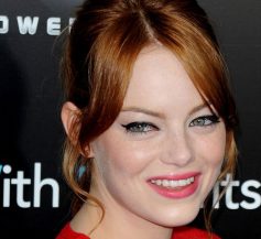 Emma Stone Long Straight Formal Updo Hairstyle with Layered Bangs - Copper Red Hair Color